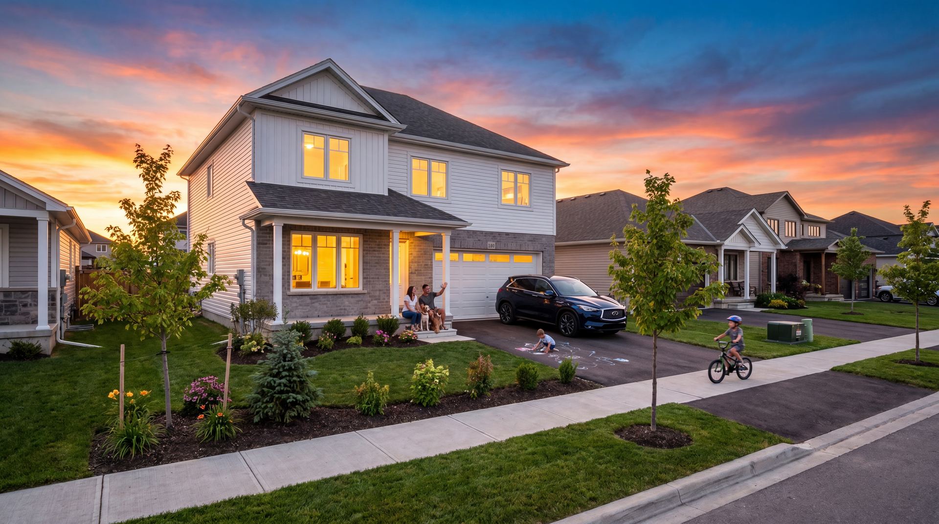 The Kingfisher — two-storey family home at sunset with kids on bikes and chalk drawings